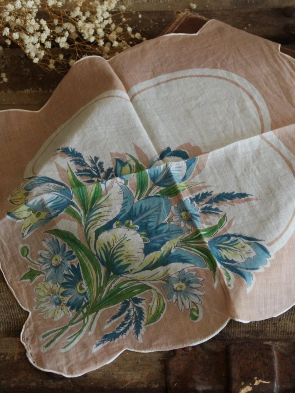 Vintage 1950s Handkerchief, Blue Tulip Flower Print Cotton Hankie